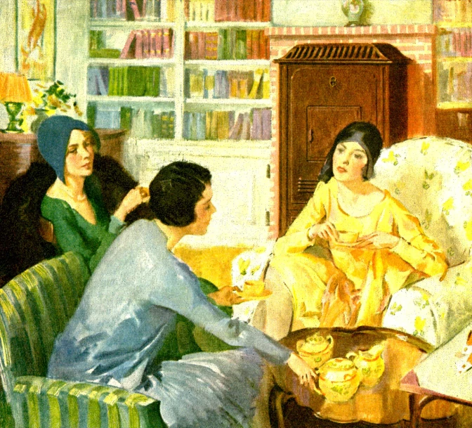 a painting of three ladies sitting around a table