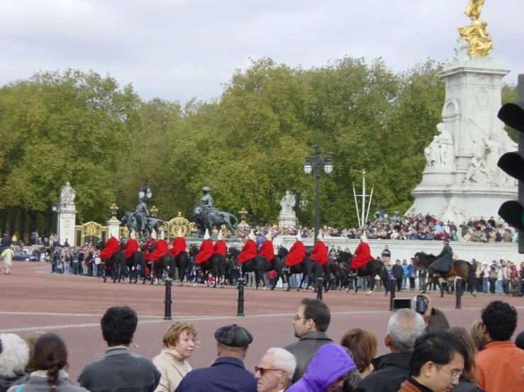 a bunch of horses in red coats with people