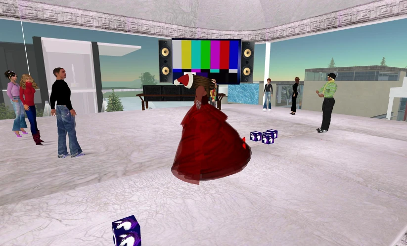 a scene from the game, this is a woman in a red dress with a large bag on her back