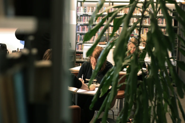 two women are sitting at a table in a liry