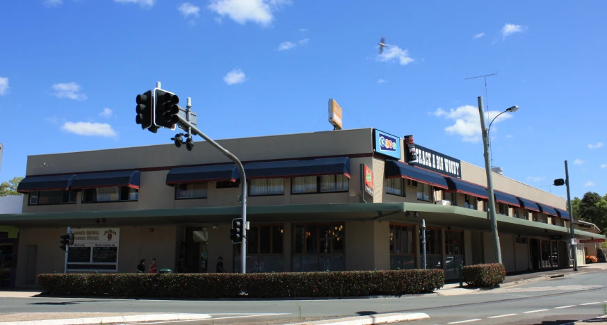 a stop light in front of a store on the side of a road