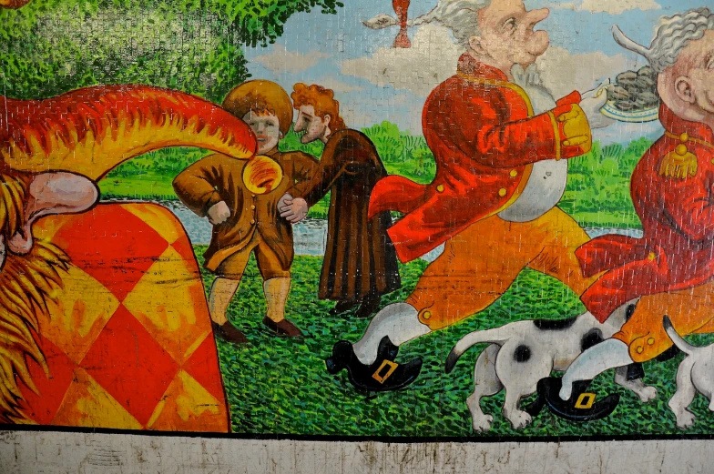 a very colorful painting shows people in costumes and dogs