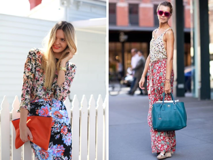 a girl wearing a floral dress and carrying a bright turquoise bag