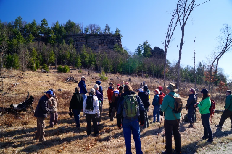 people are lined up in the grass on a trail