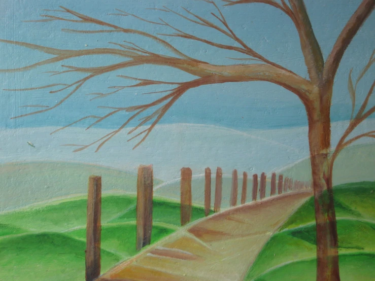 a painting of trees with a pathway going over to the hills