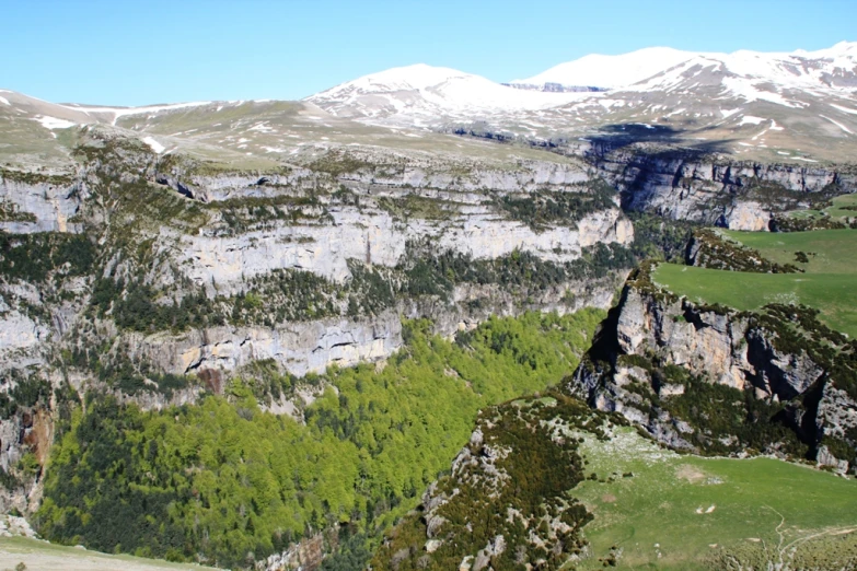 a lush green valley filled with mountains covered in snow