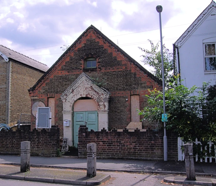 this is an old church with a green door