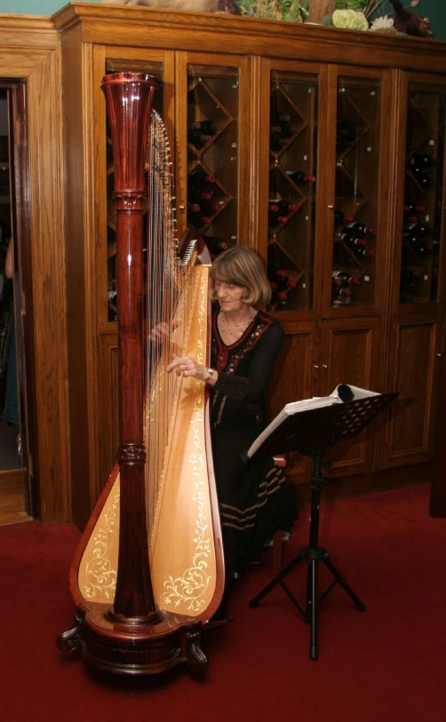 a woman is playing a long wooden instrument