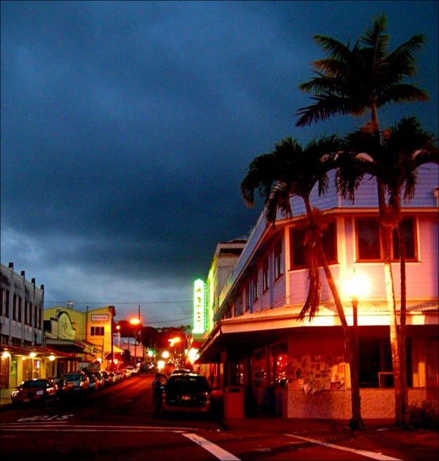 a night time view of a city street with palm trees