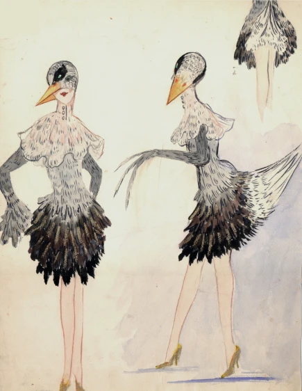 a drawing of two female bird - like creatures in black and white