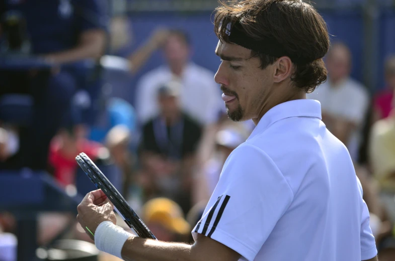 a man holding a tennis racquet during a tennis match