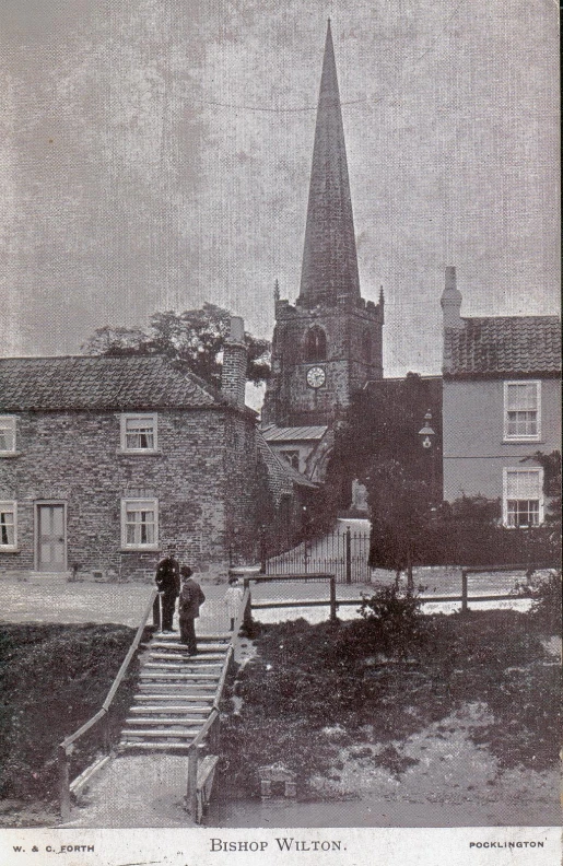 an old newspaper article with a church and people walking around