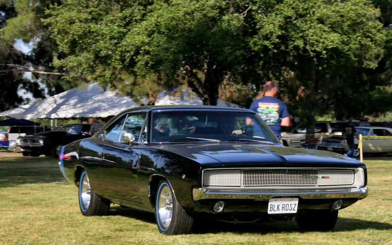 black muscle car parked in the grass with another vehicle