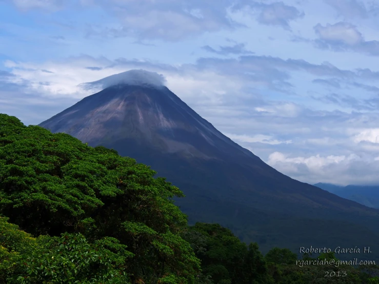 a large mountain with many trees surrounding it