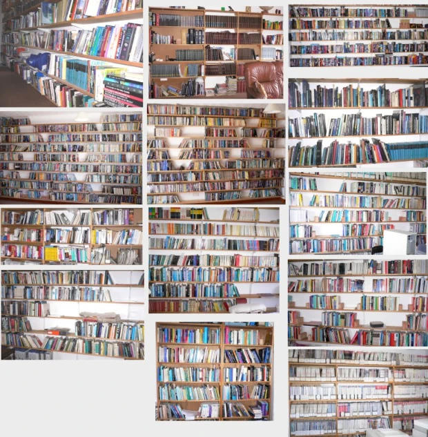 several images show a huge bookcase filled with books