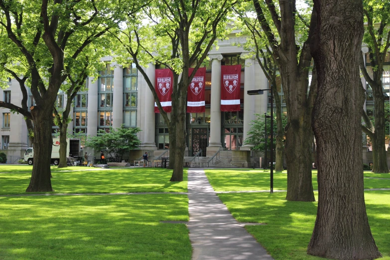 the university building is full of red banners