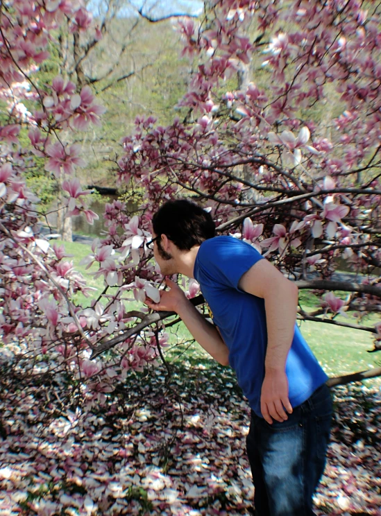 a boy that is standing in front of a tree