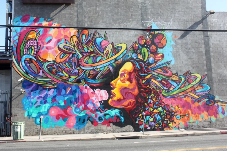 a wall painted with a colorful woman with a large hair