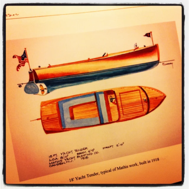 an old drawing of a wood boat with a flag on top