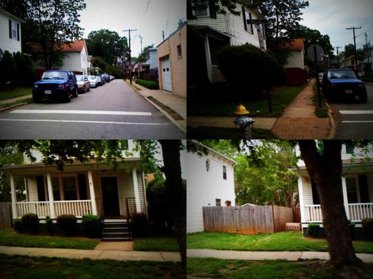 an intersection showing one building the other has a car parked in front