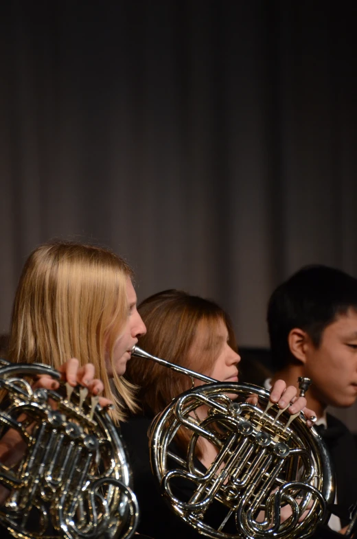 some people playing french horns in an orchestra