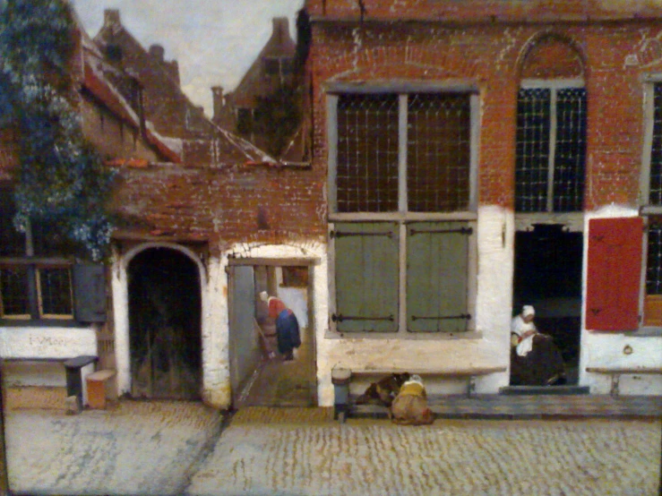 a painting of people leaving and exiting an outside building