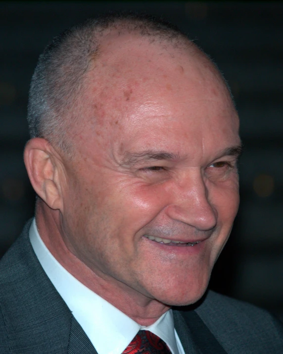 the man is smiling with a gray suit and red tie