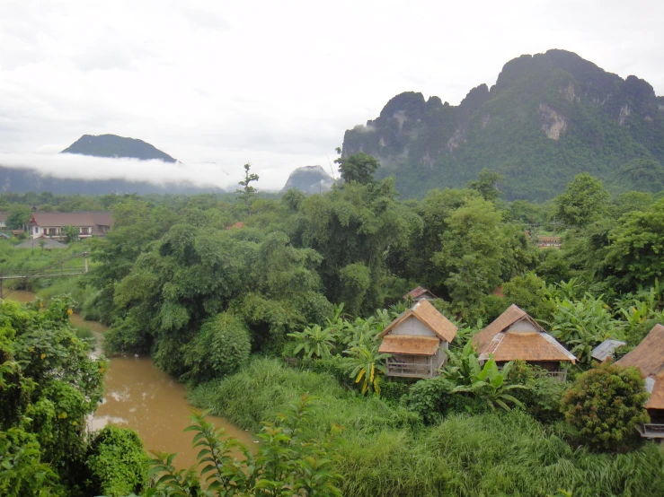 a lush green jungle with huts and mountains