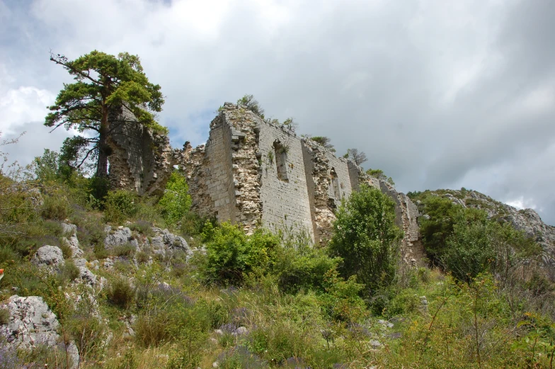 a stone castle with an open window sits in the middle of a grassy field