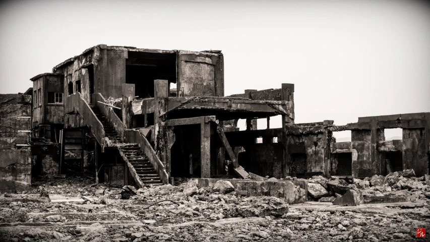 an old run down building in black and white