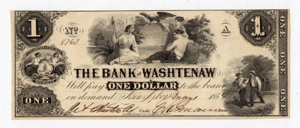 an old one dollar note with a man standing in front of it