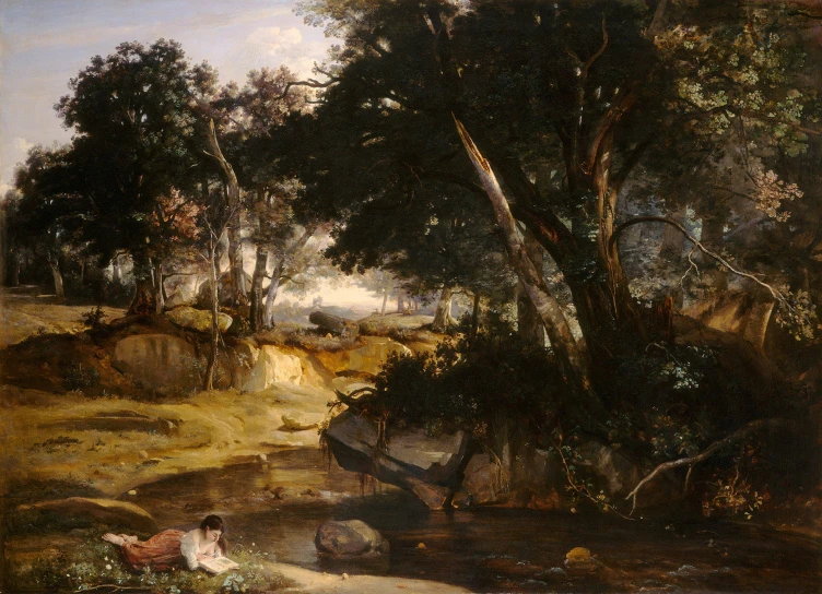 a painting on canvas of people sitting in the middle of a wooded stream