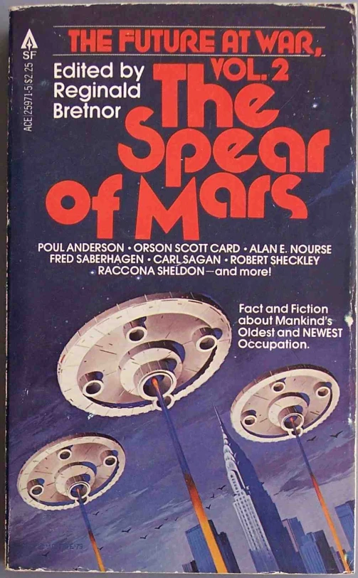 an old book cover with three spaceships on it