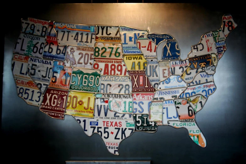 a large metal united states map made up of license plates