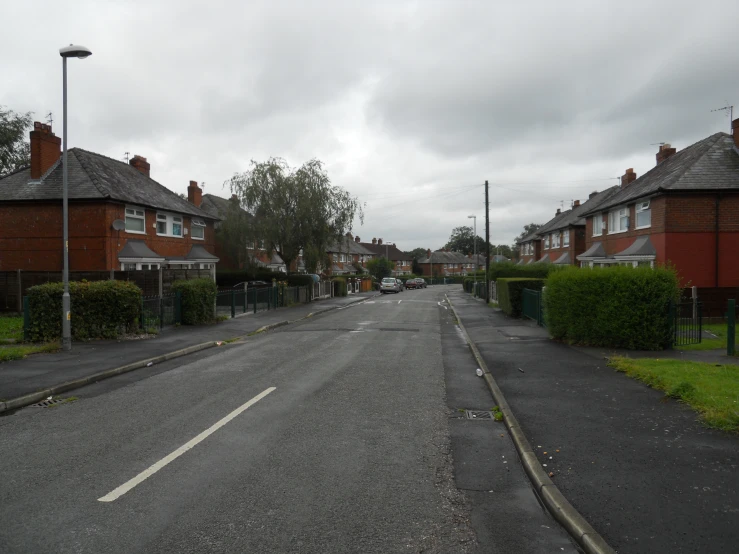 a row of houses line a quiet street