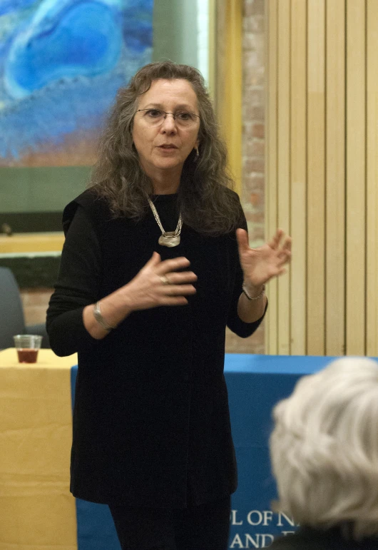 a woman standing in front of a podium speaking