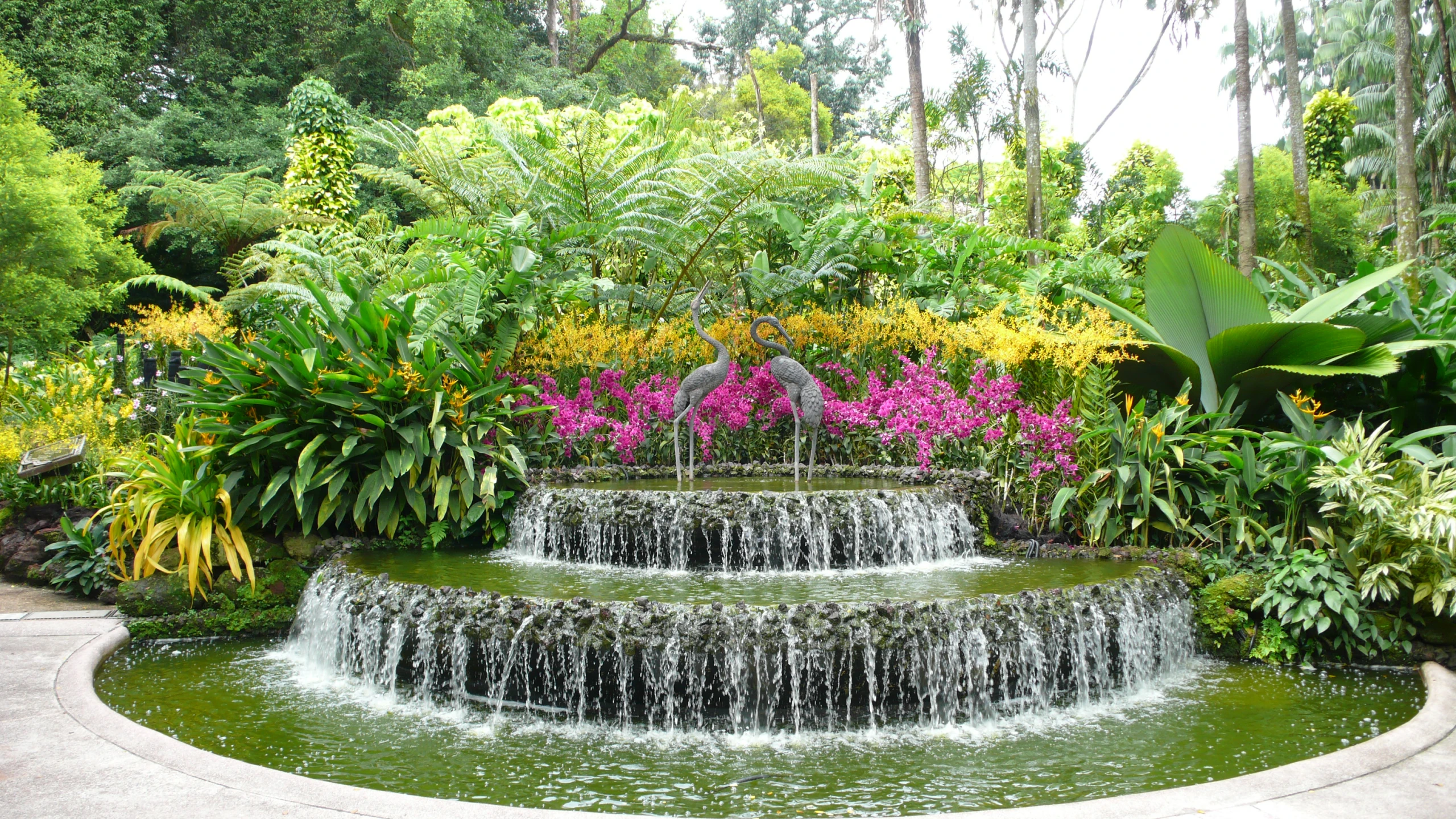 a park with fountains and flowers surrounding it