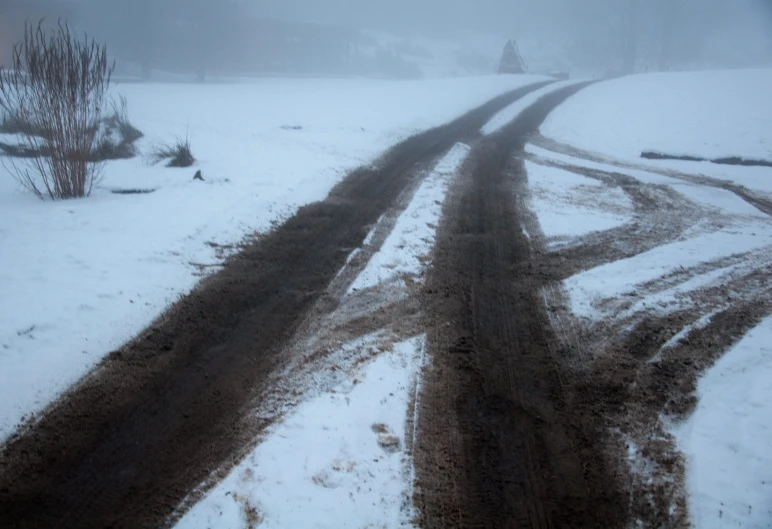 two roads with snow covered ground in a winter landscape