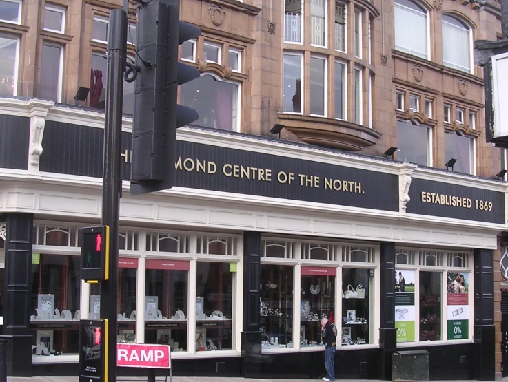 the corner of a building with a storefront