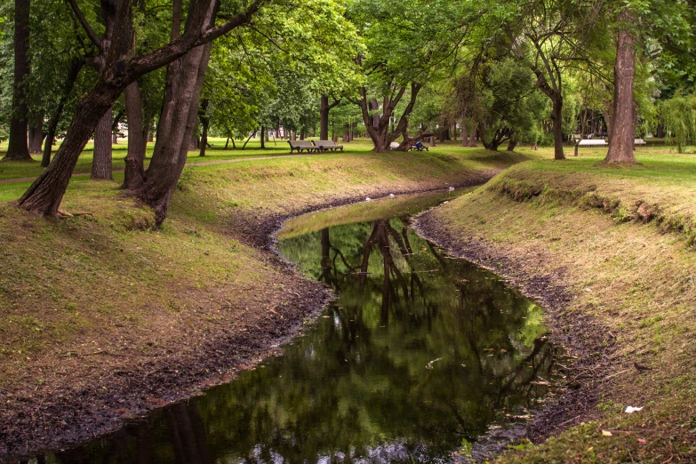 a river with the reflection of trees and a sky