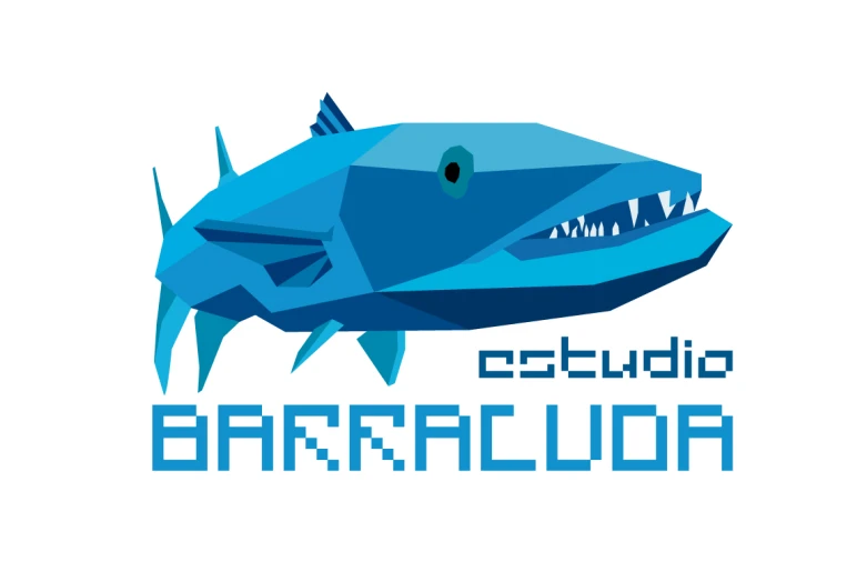 blue logo design with the words baraclour and a shark in front