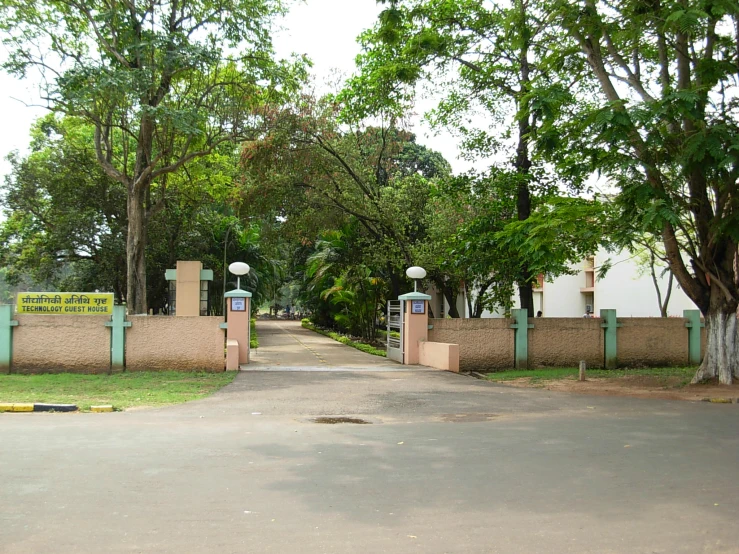 a road through trees and grass leading to a building