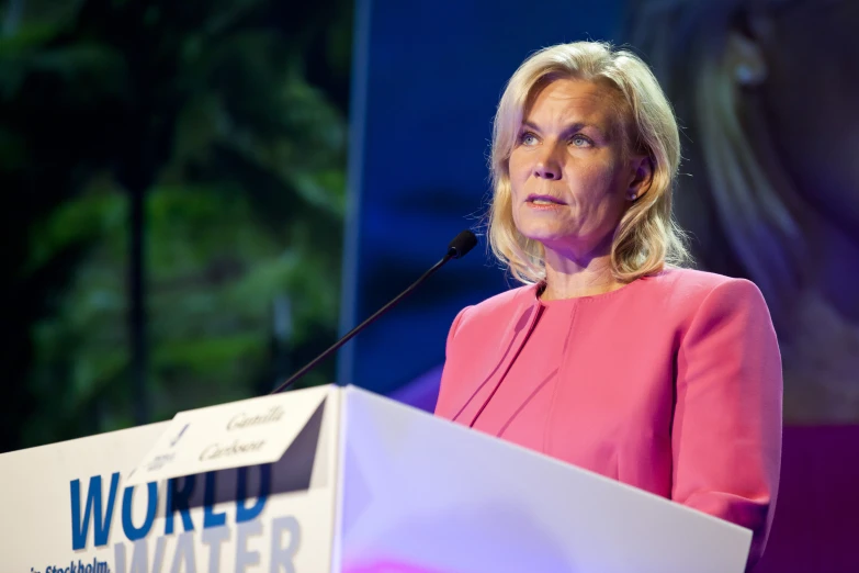 a woman is standing behind a podium and making a speech