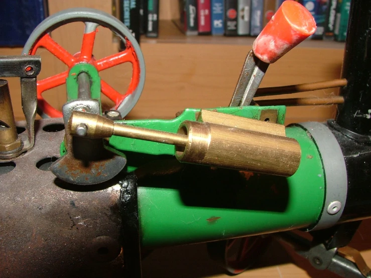 a close up of an industrial machinery on wooden shelves