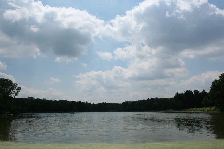 lake surrounded by trees on a cloudy day