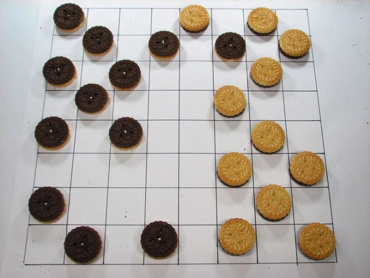 a tray filled with chocolate chip cookies arranged on a checkered board