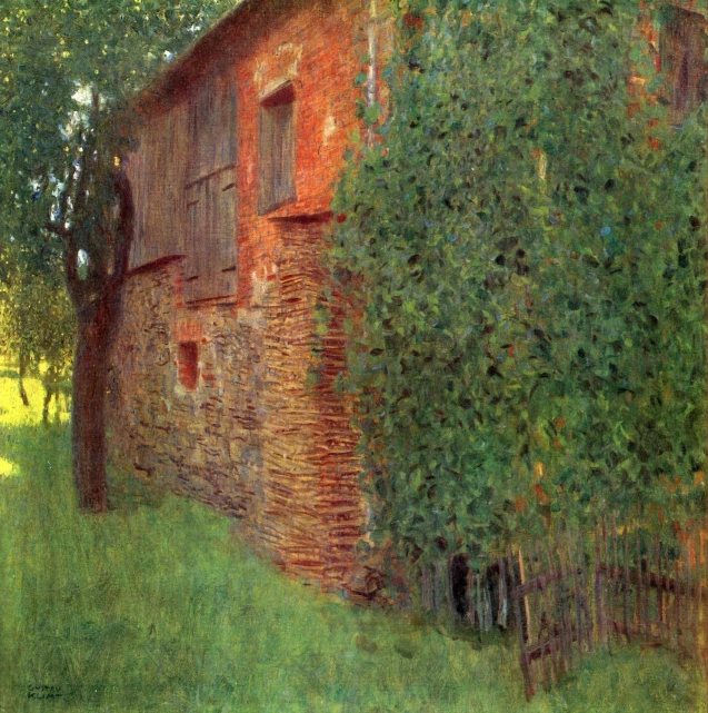 a painting of a building next to a forest