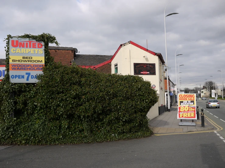 a large bush is next to the sidewalk where signs are in english