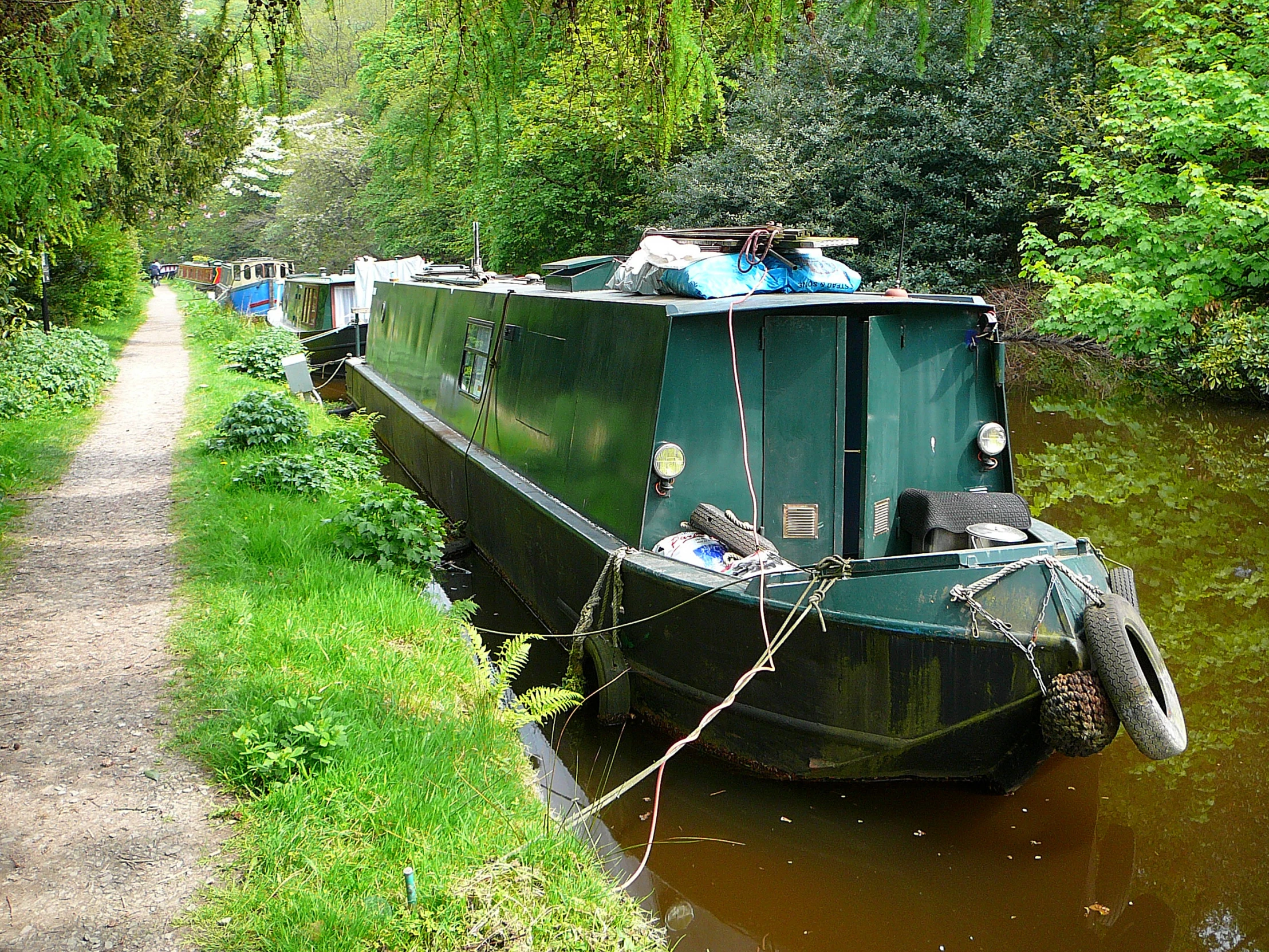 a green boat sitting in the water next to a path