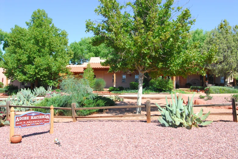 a home in arizona with trees and a sign